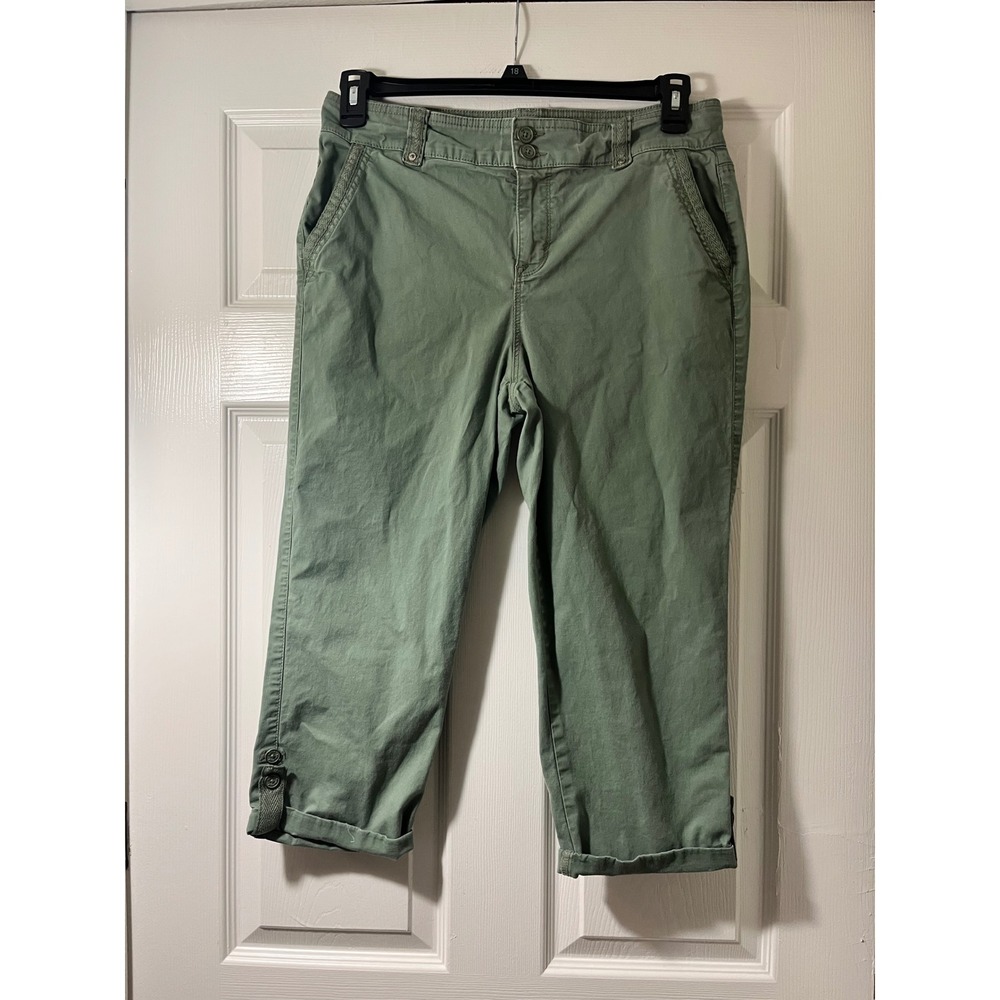 Gloria Vanderbilt‎ Sage Green Capri Pants Women 10 Cropped Braided Trim Utility